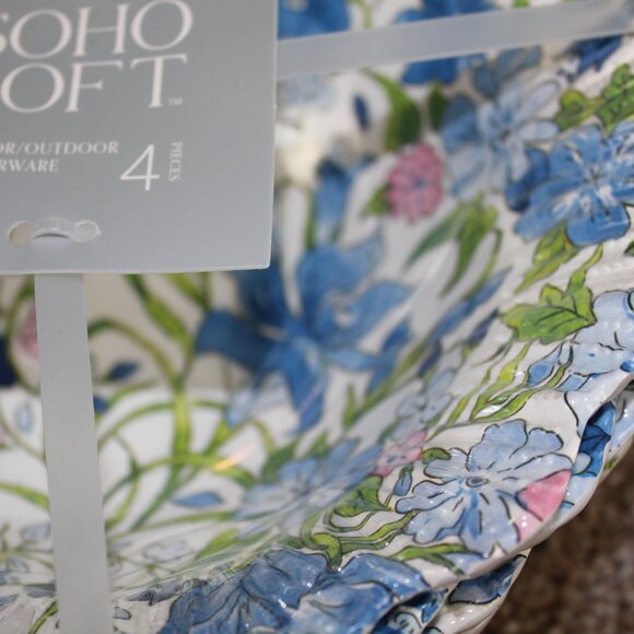 Soho Loft Blue Pink Flower Floral Scalloped Melamine 8" Soup Bowl Set of 4 NWT - Picture 3 of 6